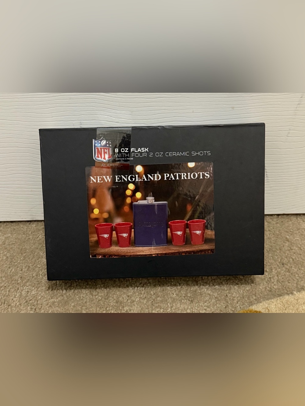 NFL New England Patriots Blue Flask Set with Red Shot Glasses